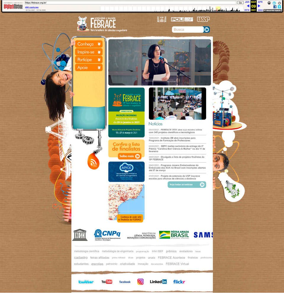 Site da FEBRACE antes do redesign — layout antigo com navegação confusa