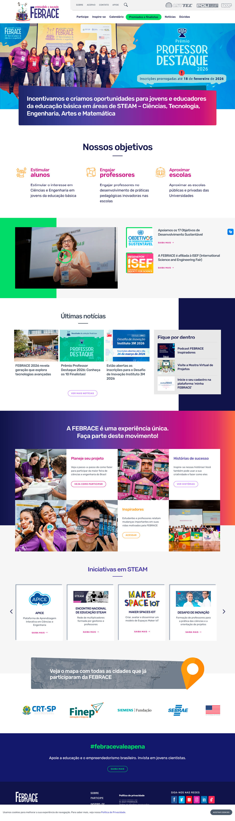 Site da FEBRACE depois do redesign — nova hierarquia visual e jornada de inscrição